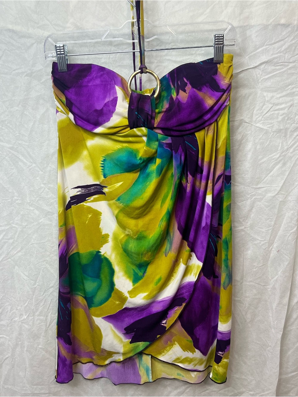 Womens Strapless Abstract Print Mini Dress Gold Ring Accent Stretchy